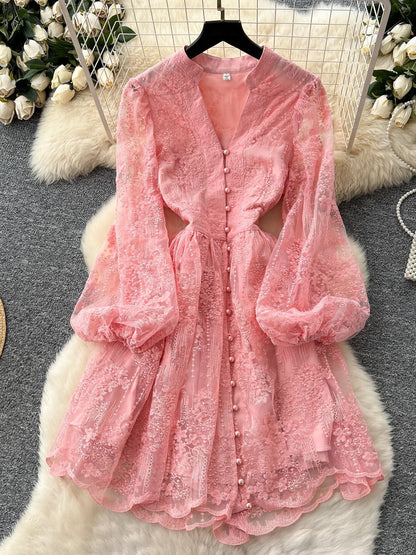 V-neck Solid Patchwork Mesh Short Dress