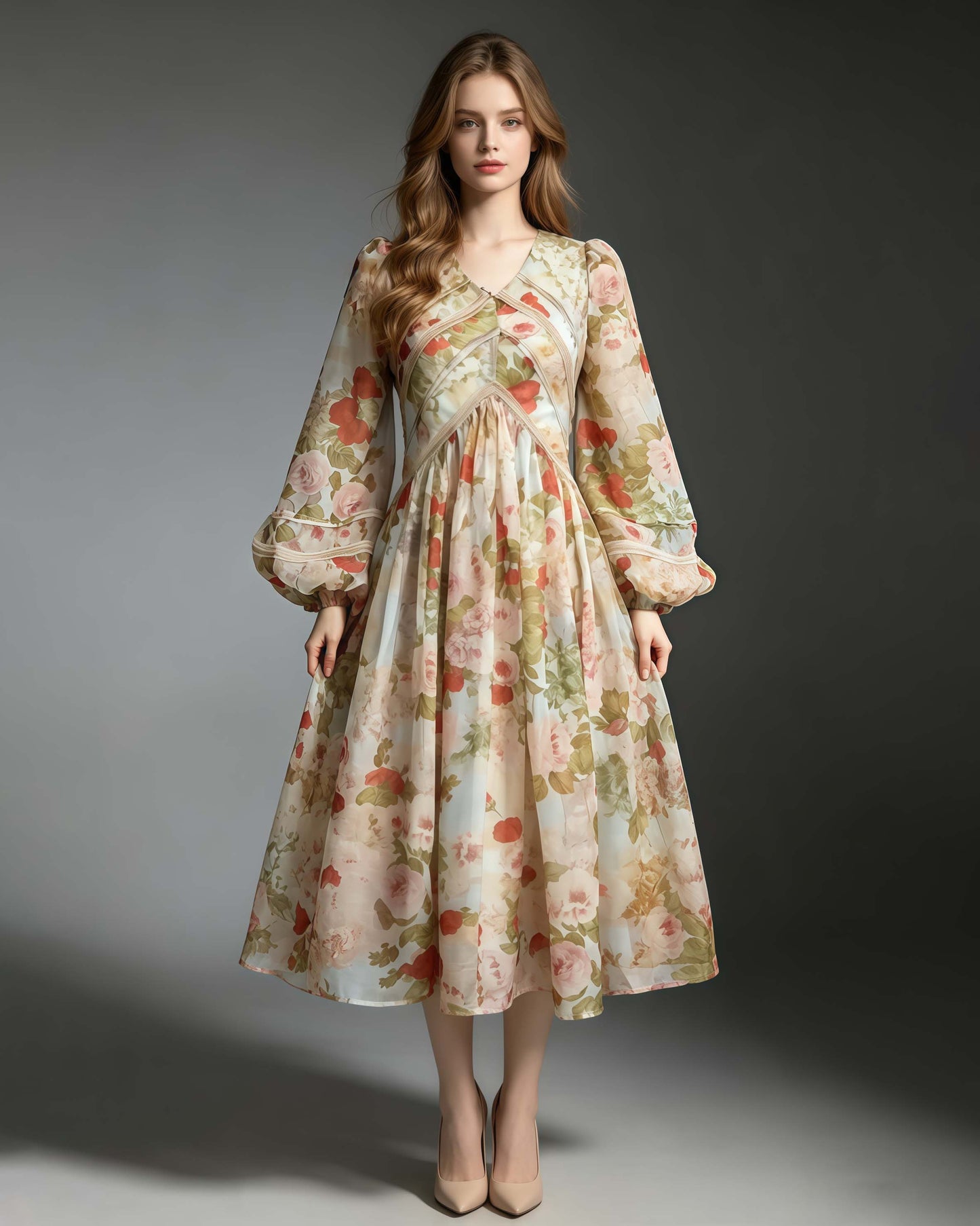 Vintage Print Lantern Long Sleeve Panel Midi Dress