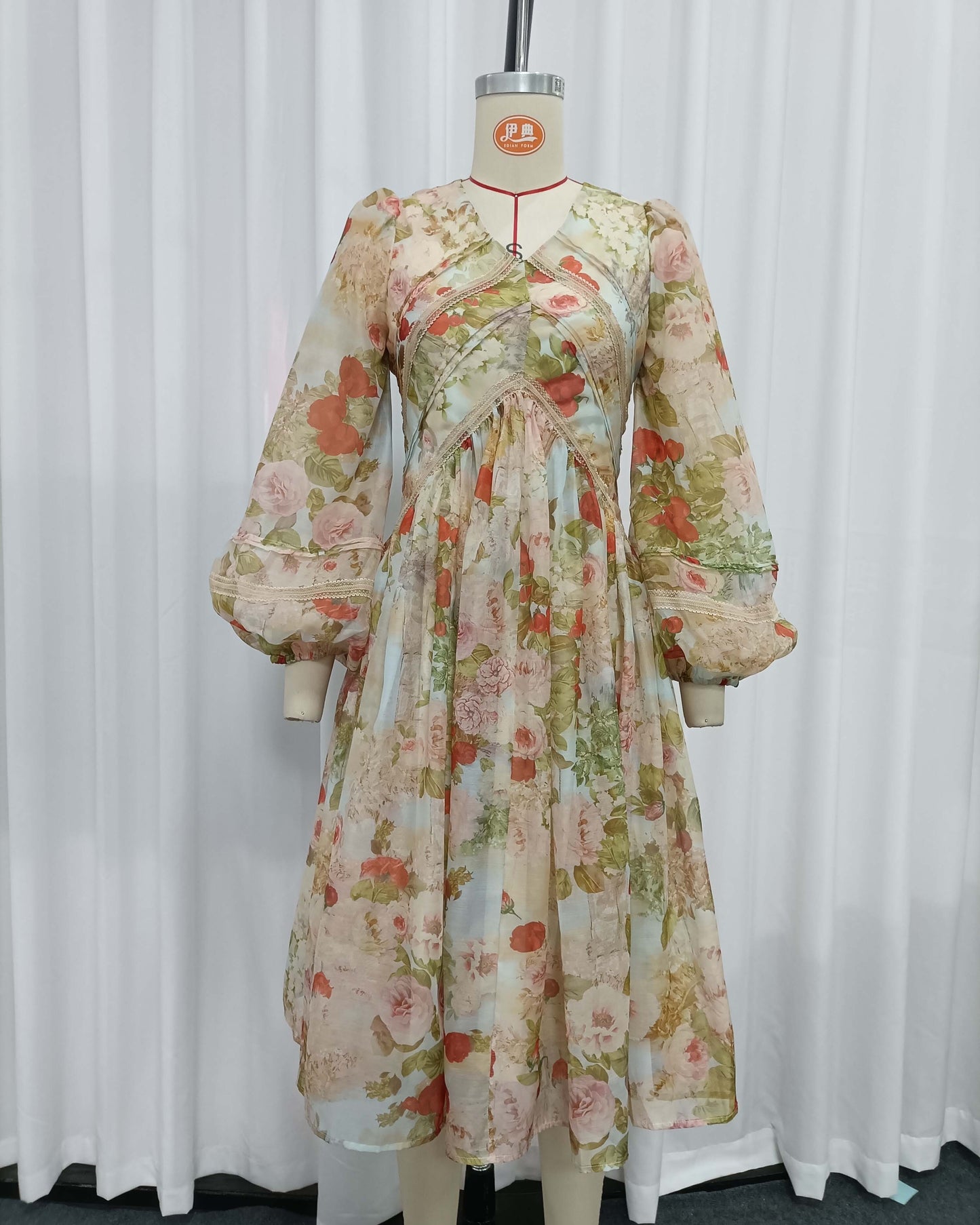 Vintage Print Lantern Long Sleeve Panel Midi Dress