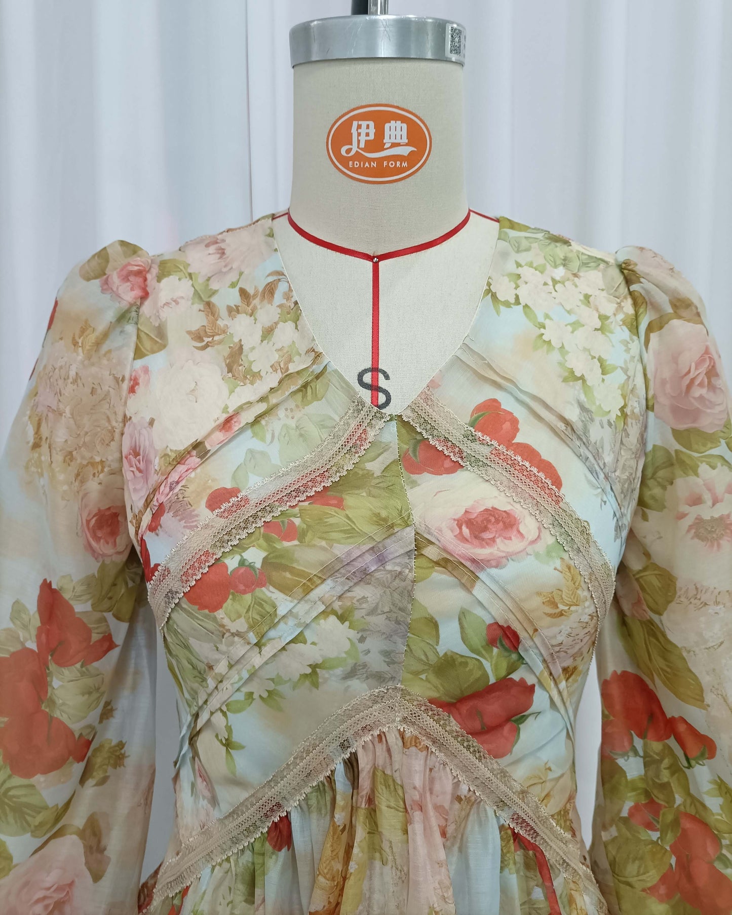 Vintage Print Lantern Long Sleeve Panel Midi Dress