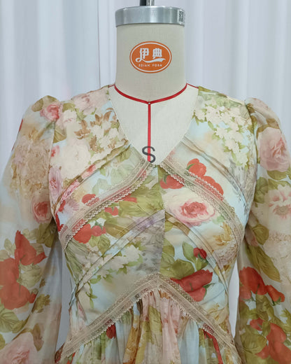 Vintage Print Lantern Long Sleeve Panel Midi Dress