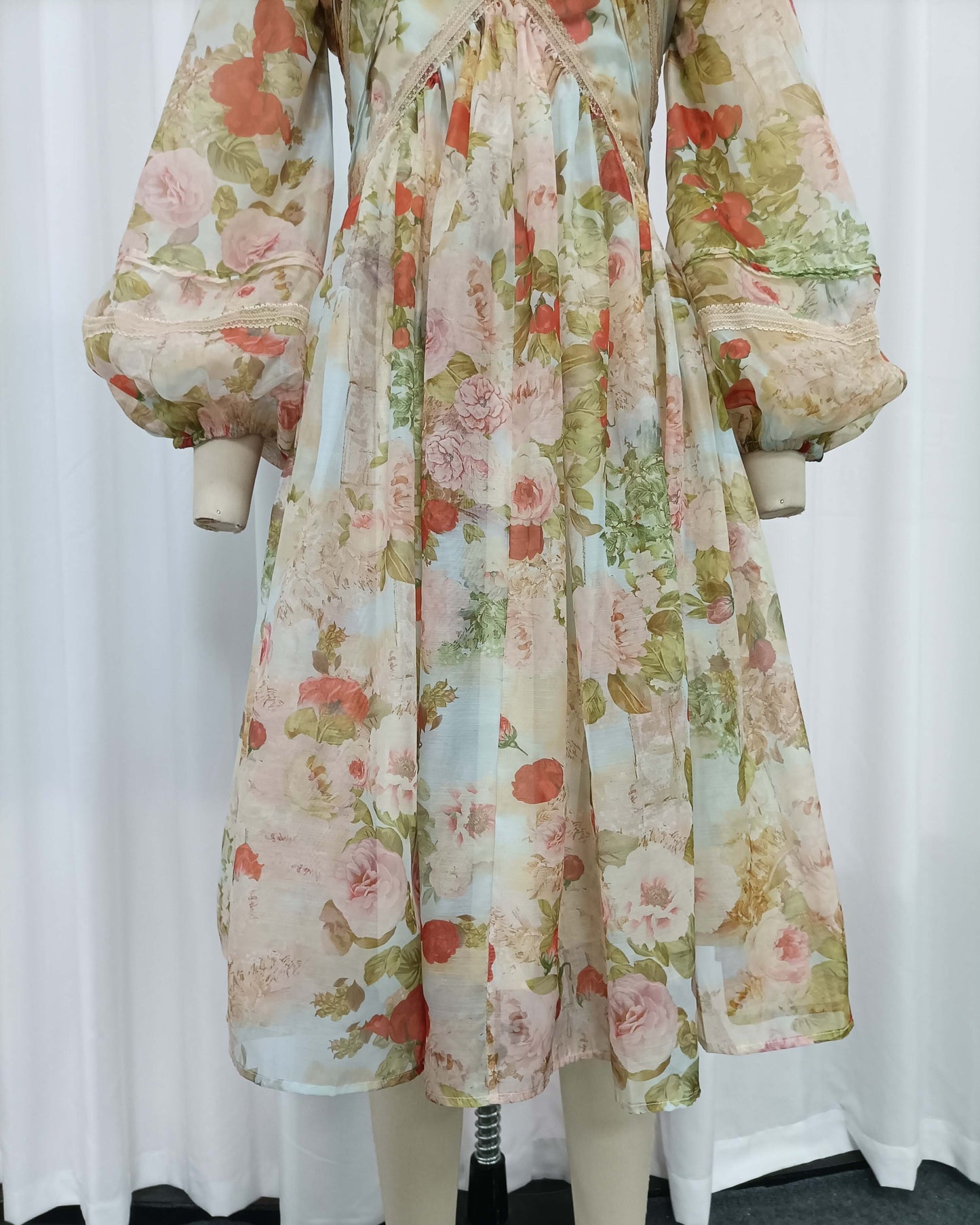 Vintage Print Lantern Long Sleeve Panel Midi Dress