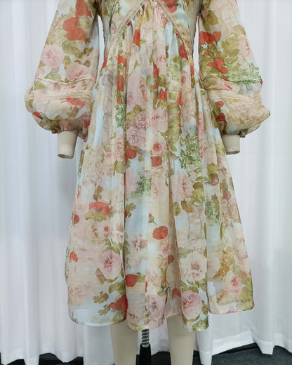 Vintage Print Lantern Long Sleeve Panel Midi Dress