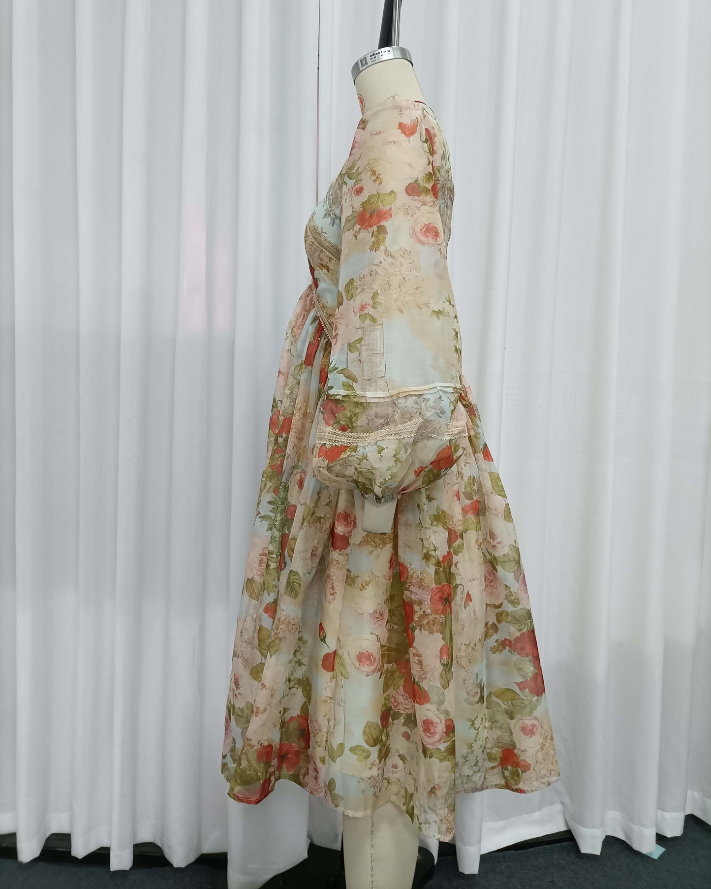 Vintage Print Lantern Long Sleeve Panel Midi Dress