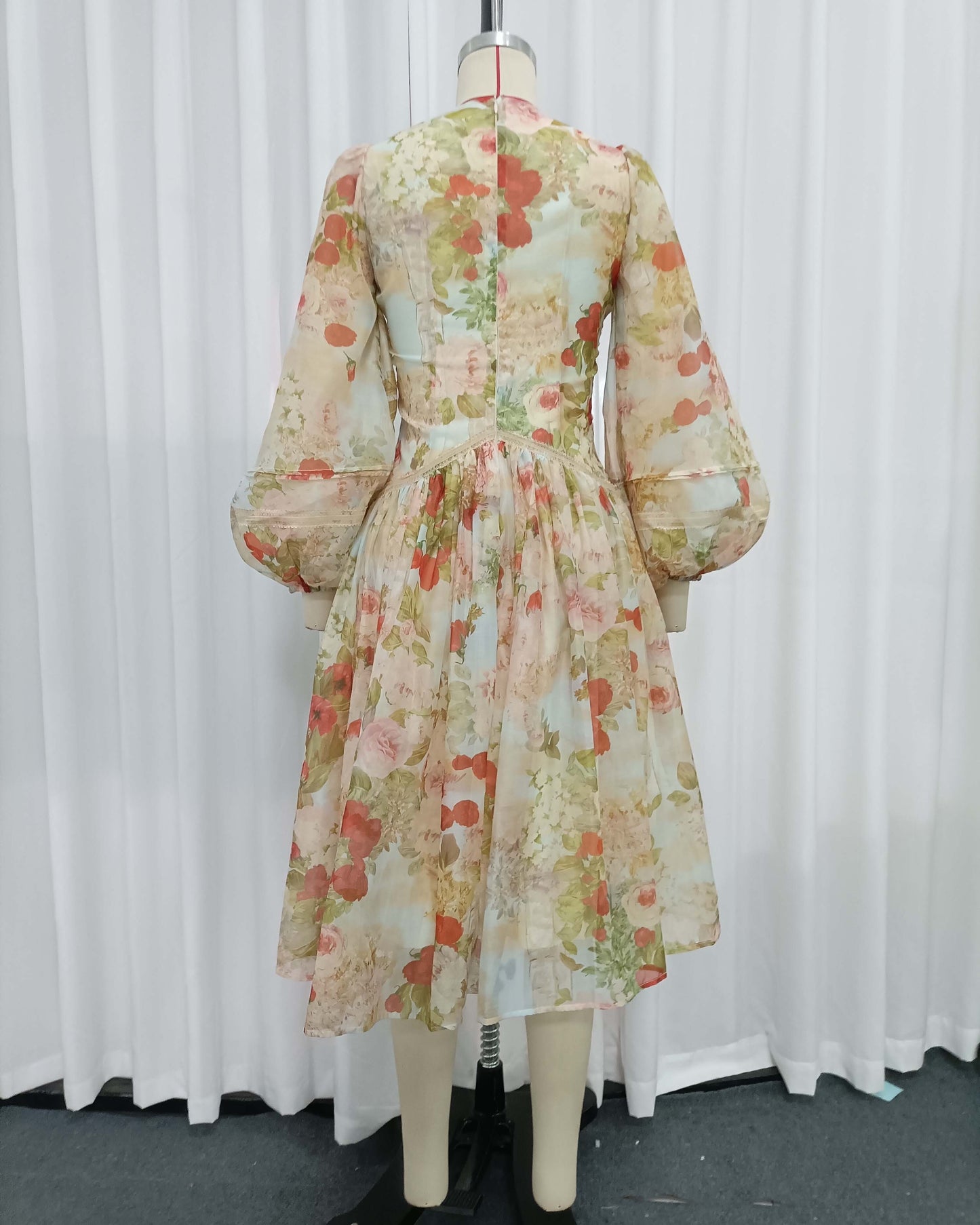 Vintage Print Lantern Long Sleeve Panel Midi Dress