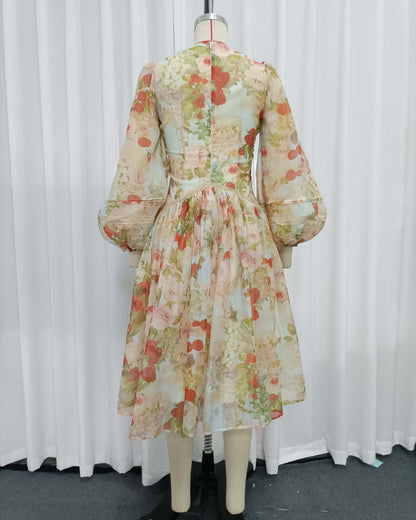 Vintage Print Lantern Long Sleeve Panel Midi Dress