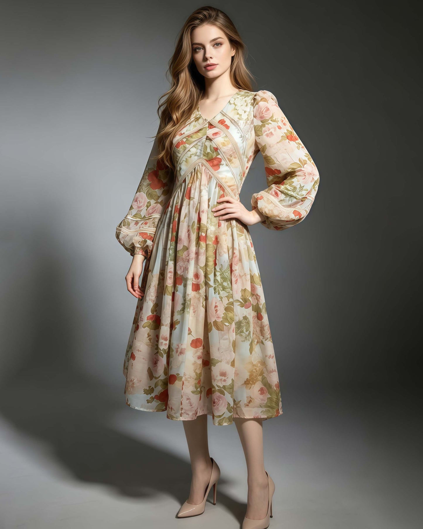 Vintage Print Lantern Long Sleeve Panel Midi Dress