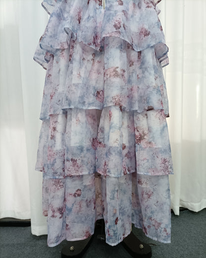 Watercolor Floral Strapless Tiered Ruffle Chiffon Maxi Dress