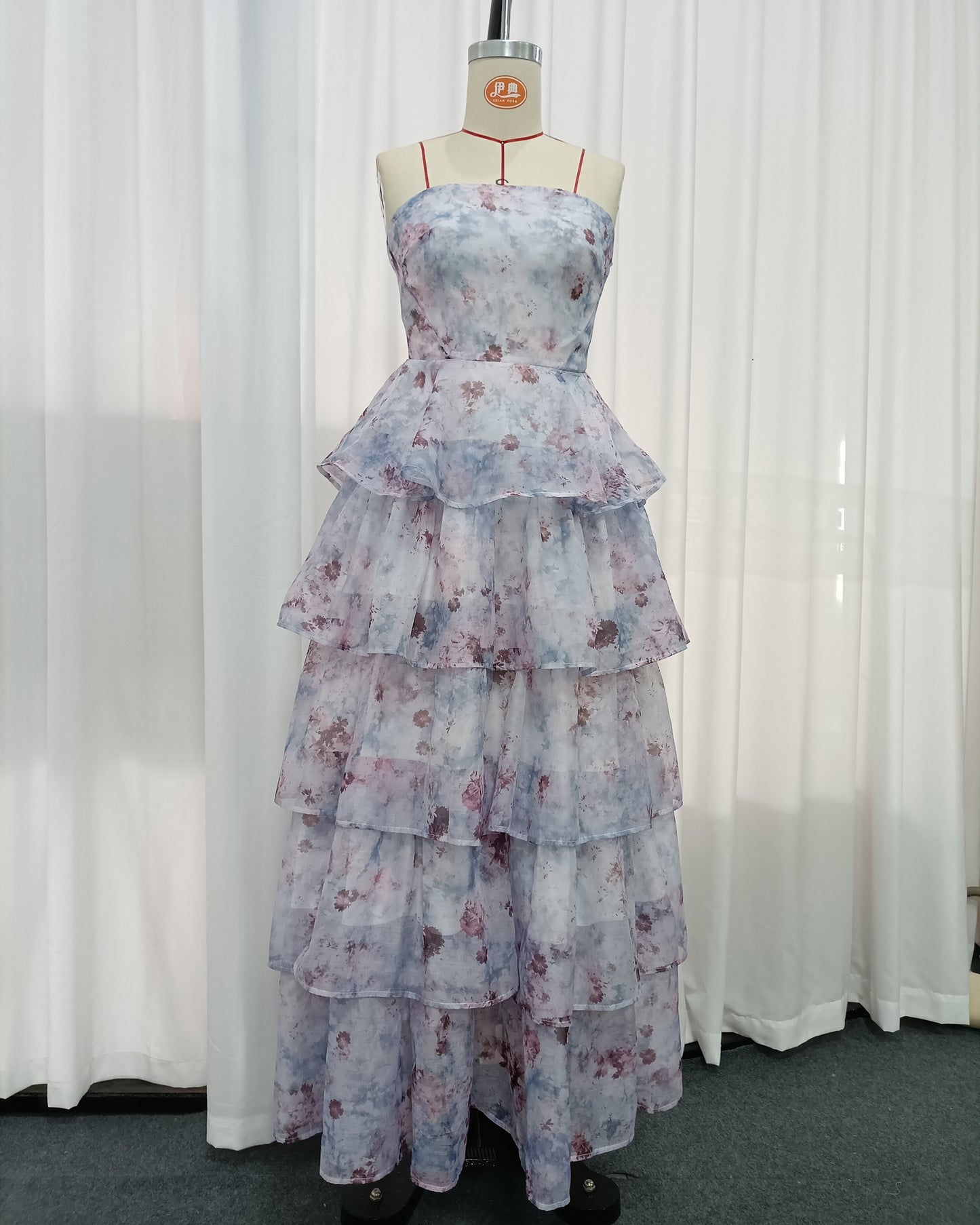 Watercolor Floral Strapless Tiered Ruffle Chiffon Maxi Dress