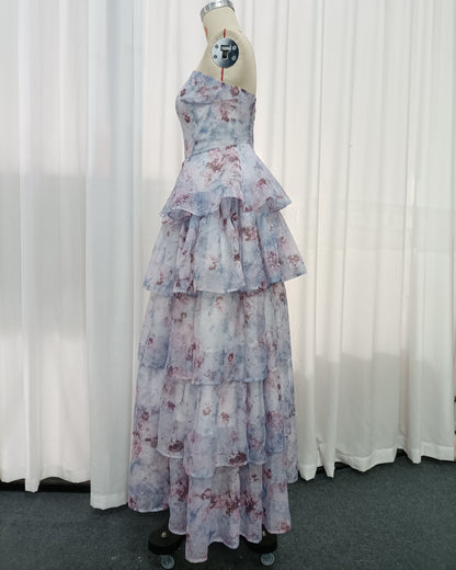 Watercolor Floral Strapless Tiered Ruffle Chiffon Maxi Dress