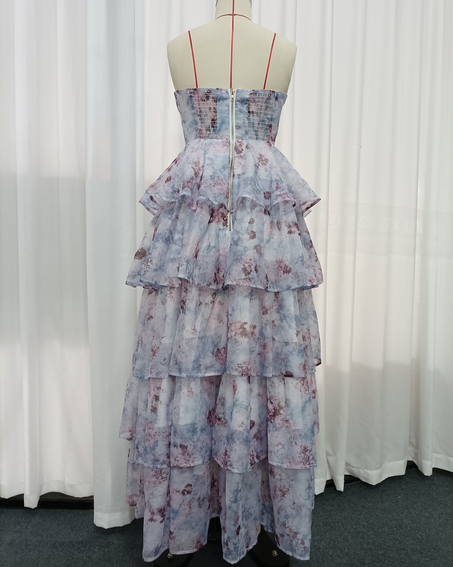 Watercolor Floral Strapless Tiered Ruffle Chiffon Maxi Dress
