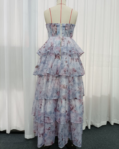 Watercolor Floral Strapless Tiered Ruffle Chiffon Maxi Dress