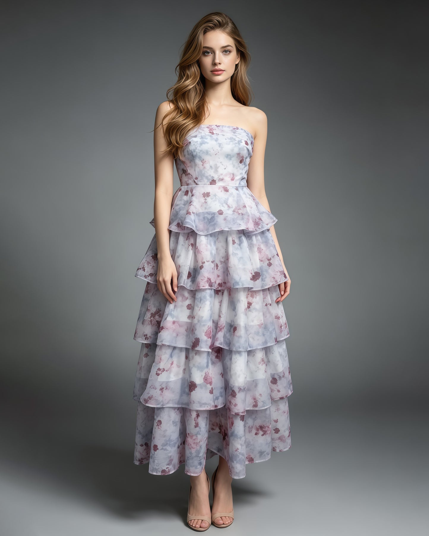 Watercolor Floral Strapless Tiered Ruffle Chiffon Maxi Dress