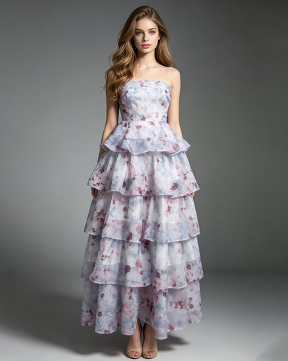 Watercolor Floral Strapless Tiered Ruffle Chiffon Maxi Dress