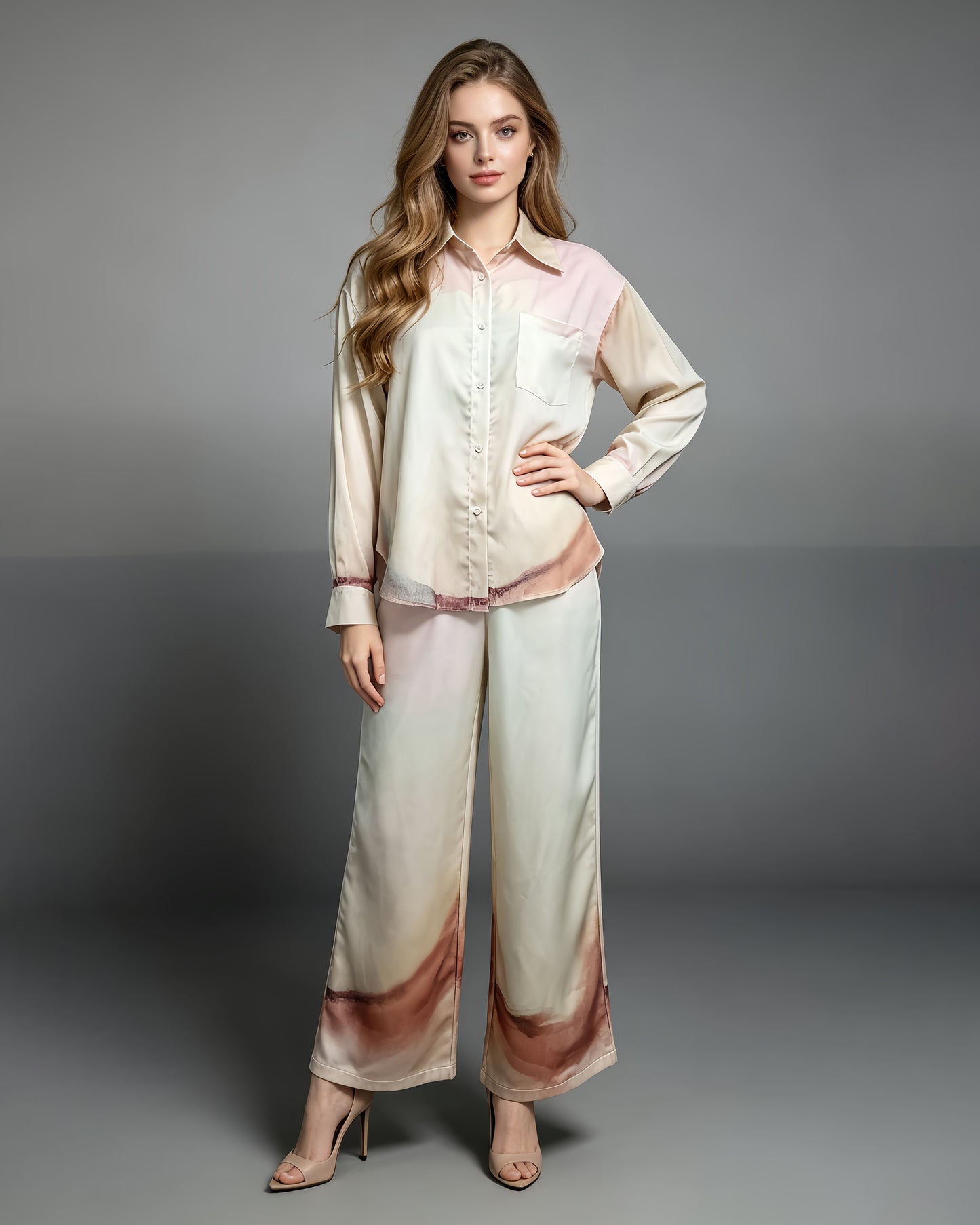 Watercolor Gradient Shirt Wide Leg Pants Set