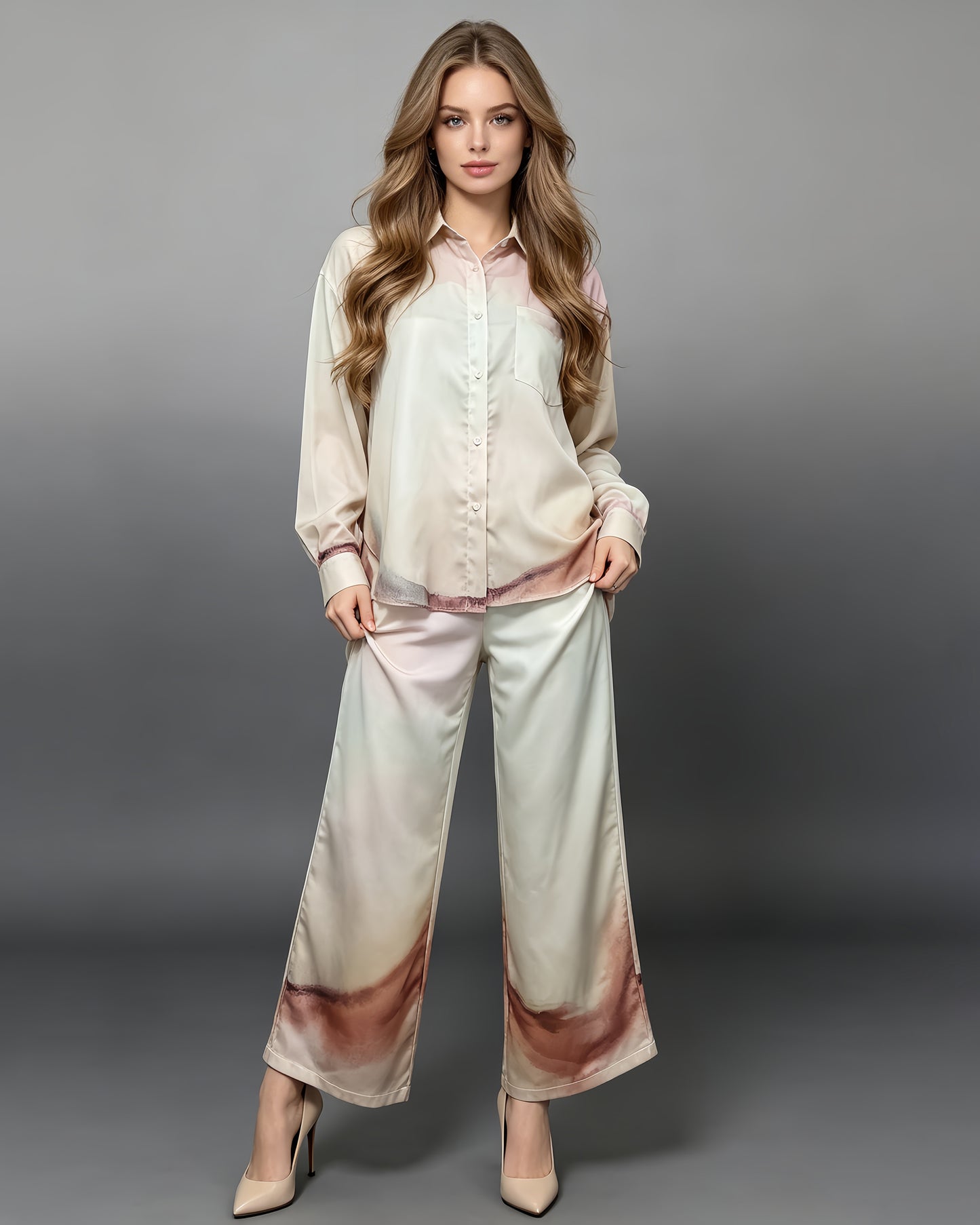 Watercolor Gradient Shirt Wide Leg Pants Set