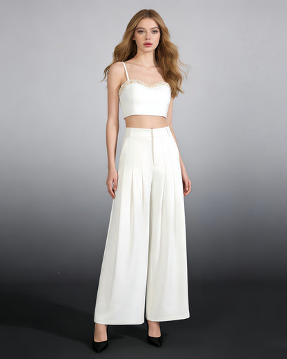 White Beaded Top & Wide-Leg Pants Set