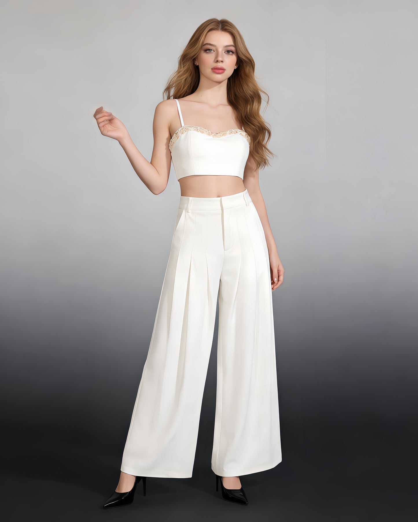 White Beaded Top & Wide-Leg Pants Set