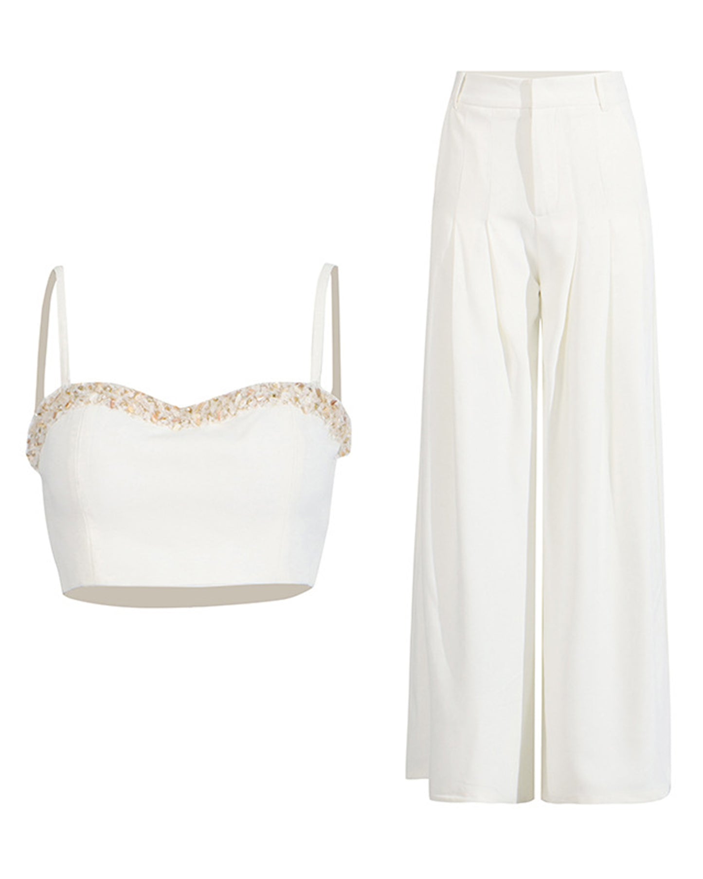 White Beaded Top & Wide-Leg Pants Set