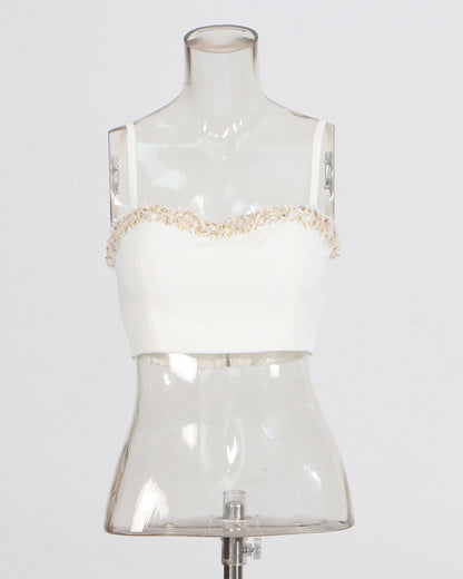 White Beaded Top & Wide-Leg Pants Set