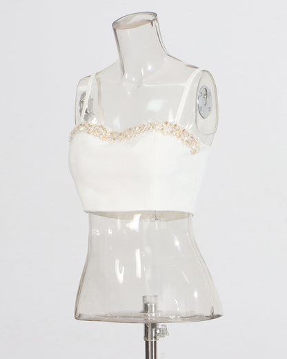 White Beaded Top & Wide-Leg Pants Set