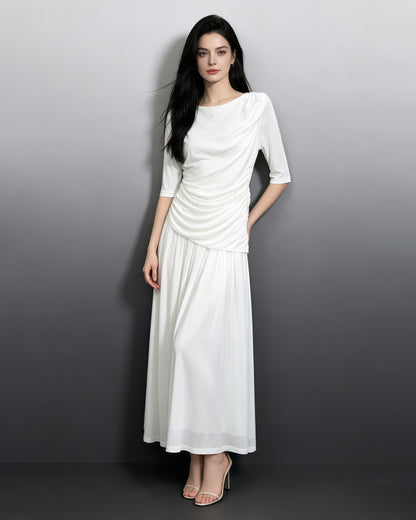 White Round Neck Half Sleeve Maxi Dress