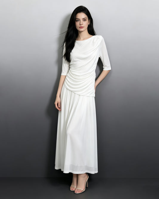 White Round Neck Half Sleeve Maxi Dress
