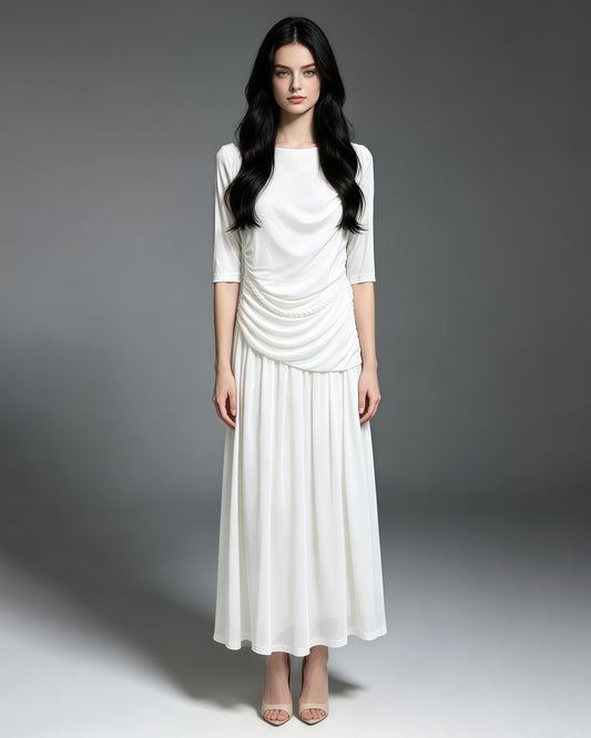 White Round Neck Half Sleeve Maxi Dress