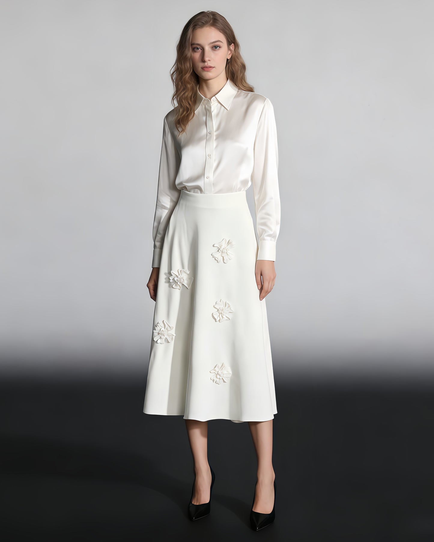 White 3D Floral A-Line Midi Skirt