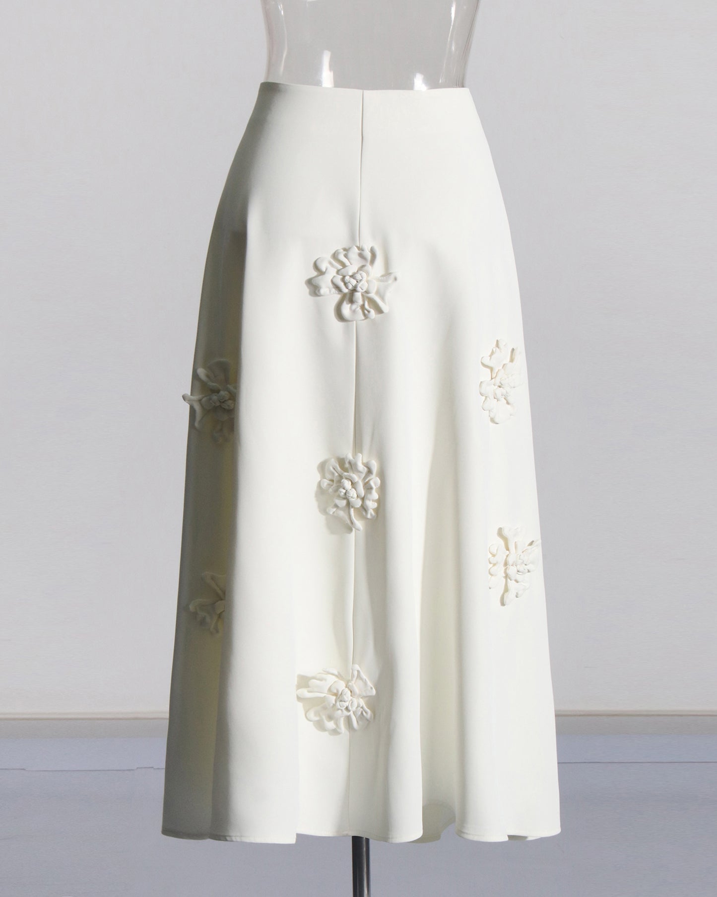 White 3D Floral A-Line Midi Skirt