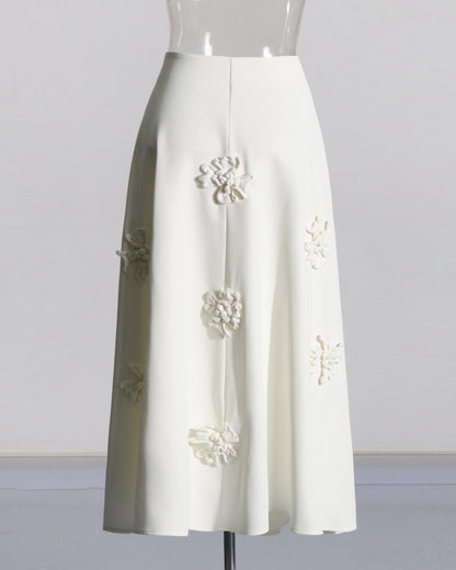 White 3D Floral A-Line Midi Skirt