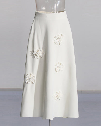 White 3D Floral A-Line Midi Skirt