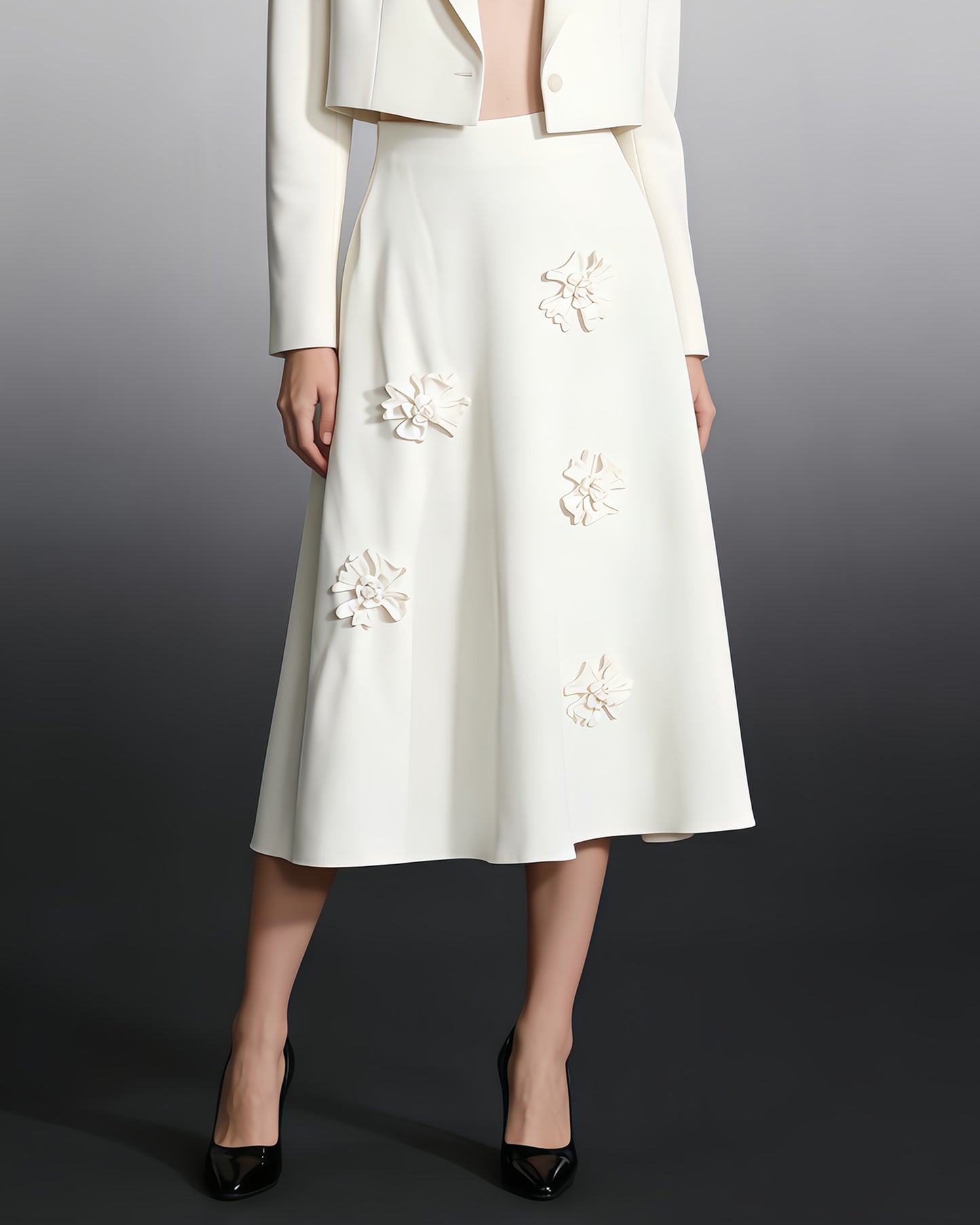 White 3D Floral A-Line Midi Skirt