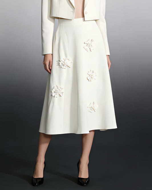 White 3D Floral A-Line Midi Skirt