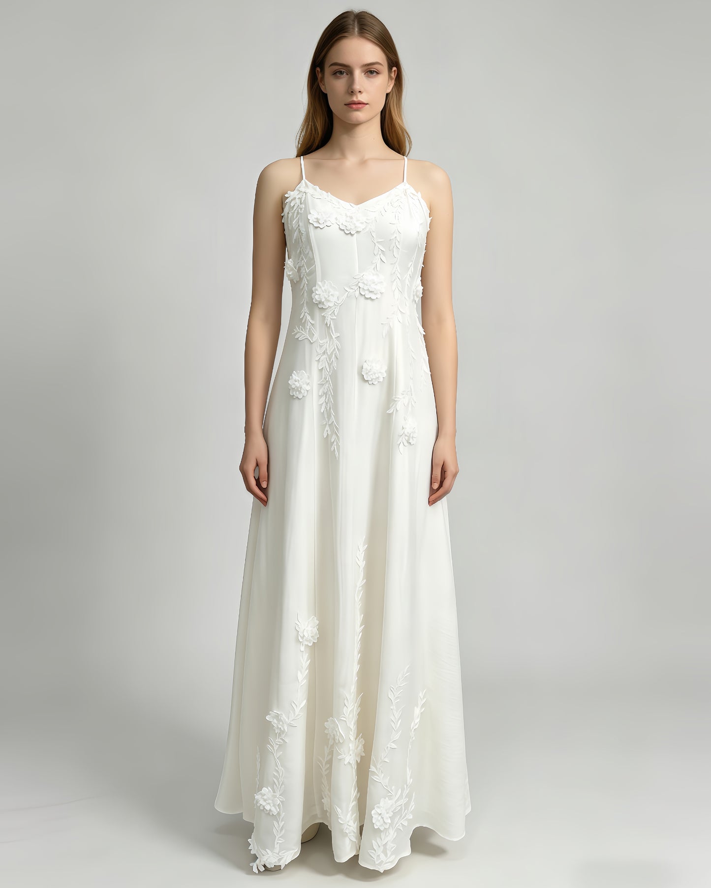 Beige 3D Floral Appliqué Maxi Dress