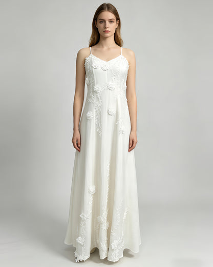 Beige 3D Floral Appliqué Maxi Dress