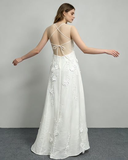Beige 3D Floral Appliqué Maxi Dress