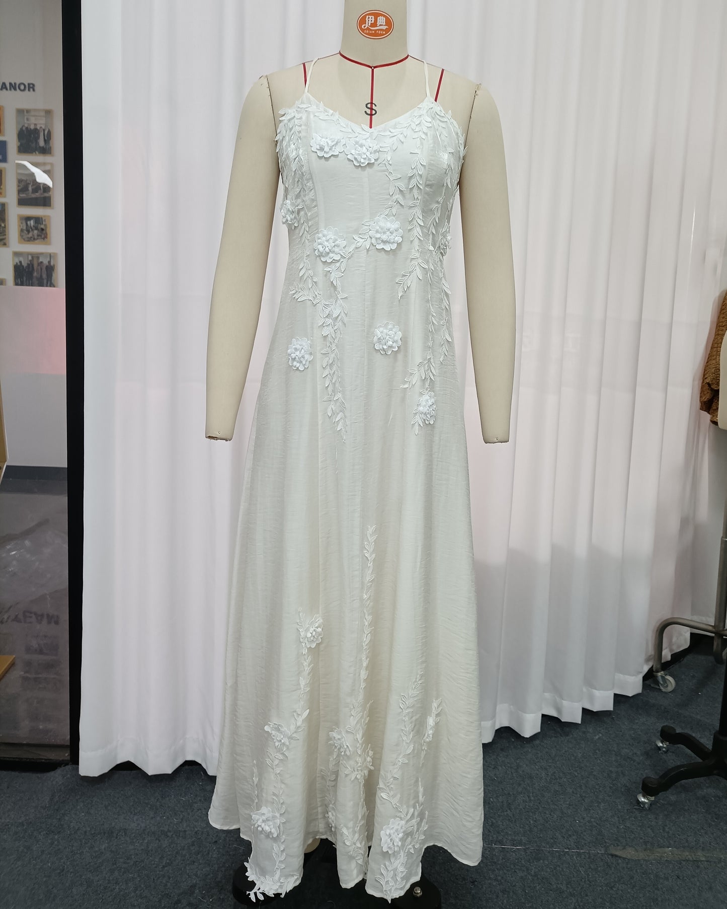 Beige 3D Floral Appliqué Maxi Dress