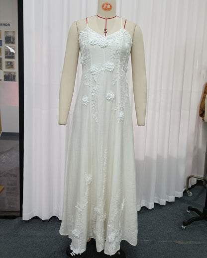 Beige 3D Floral Appliqué Maxi Dress