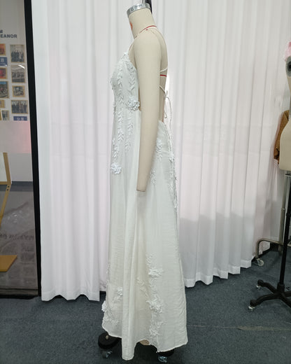 Beige 3D Floral Appliqué Maxi Dress