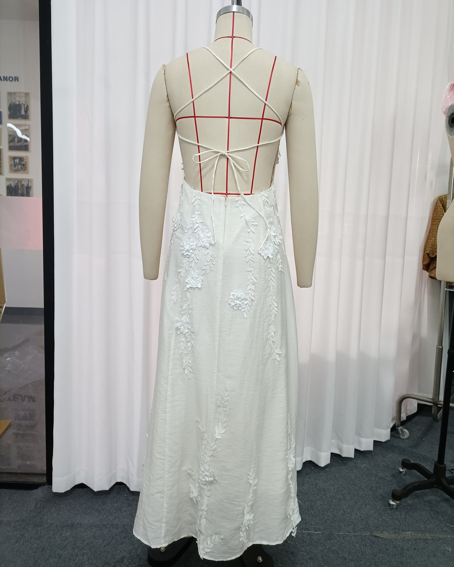 Beige 3D Floral Appliqué Maxi Dress