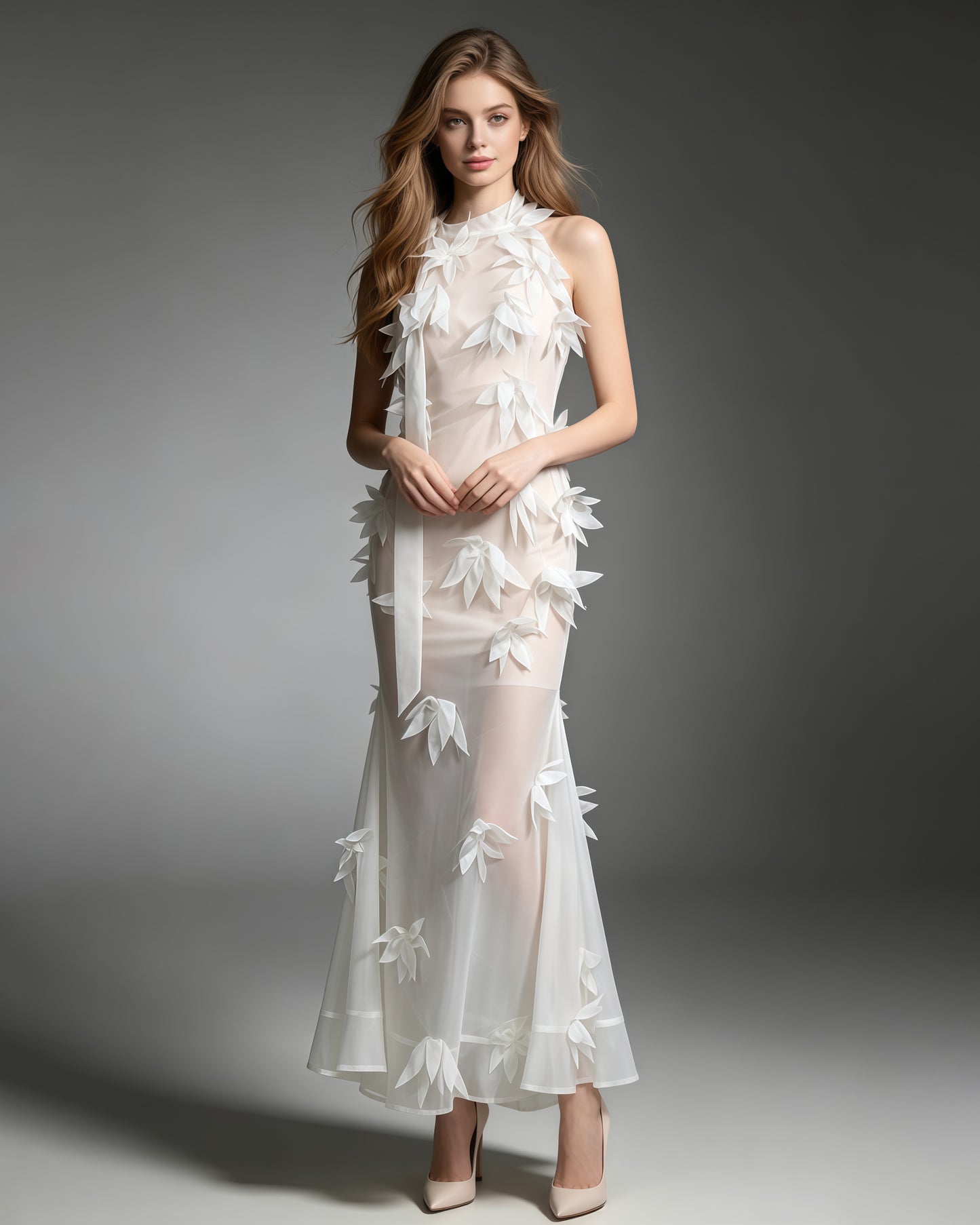 White 3D Floral Appliqué Sheer Mermaid Dress