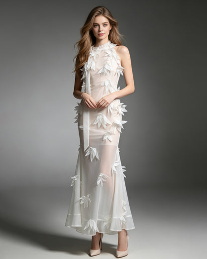 White 3D Floral Appliqué Sheer Mermaid Dress