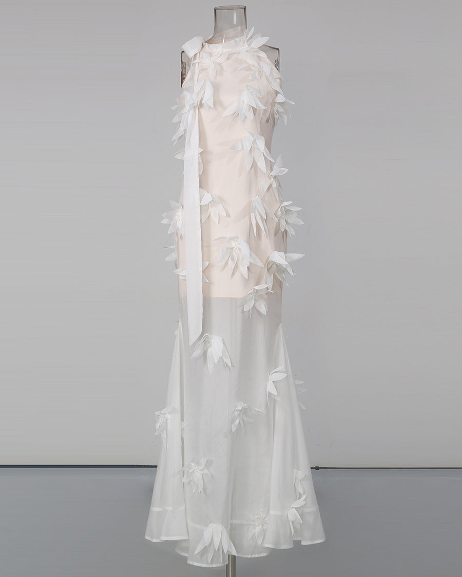 White 3D Floral Appliqué Sheer Mermaid Dress