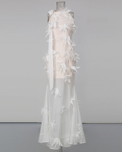 White 3D Floral Appliqué Sheer Mermaid Dress