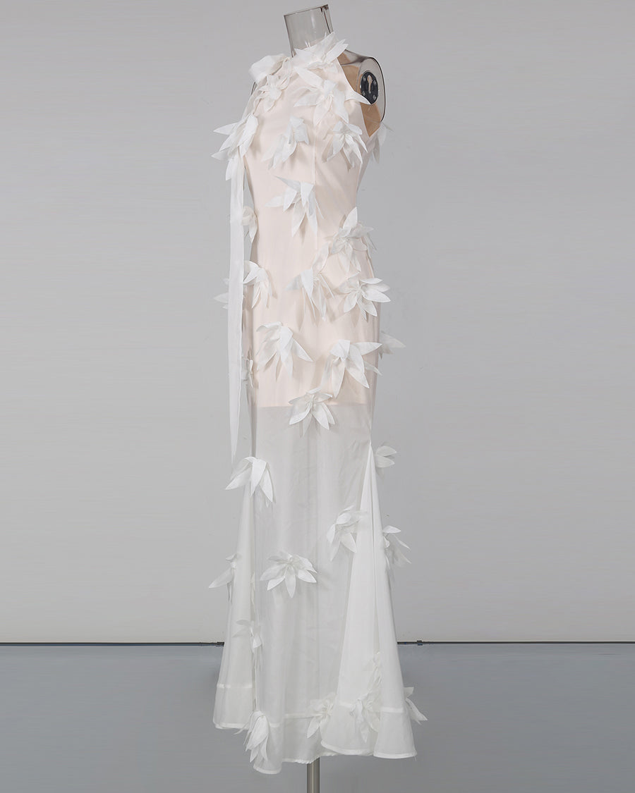 White 3D Floral Appliqué Sheer Mermaid Dress