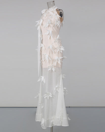 White 3D Floral Appliqué Sheer Mermaid Dress