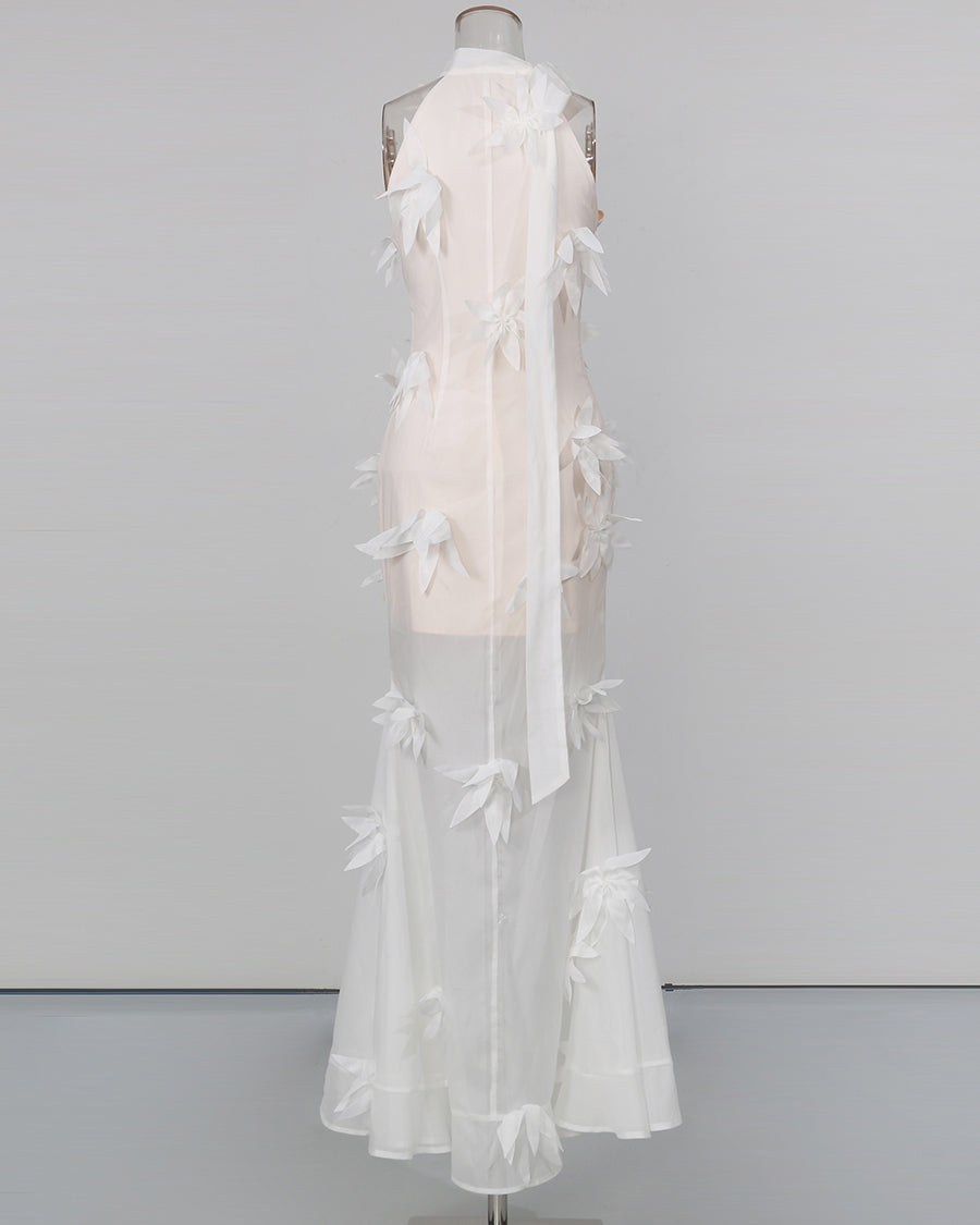 White 3D Floral Appliqué Sheer Mermaid Dress