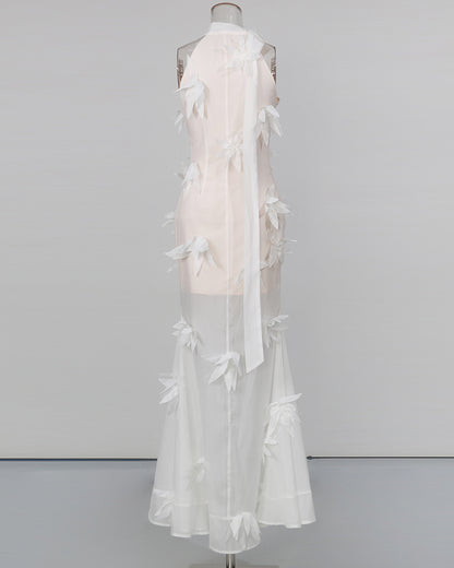 White 3D Floral Appliqué Sheer Mermaid Dress