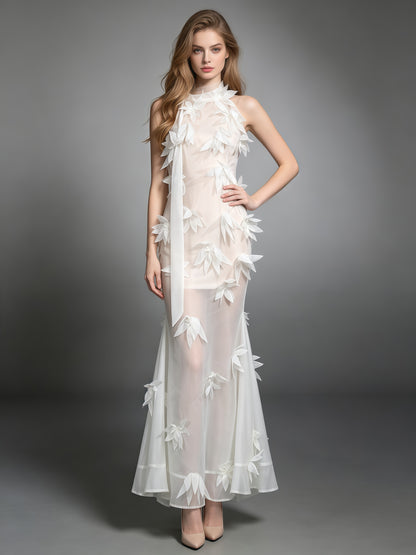 White 3D Floral Appliqué Sheer Mermaid Dress